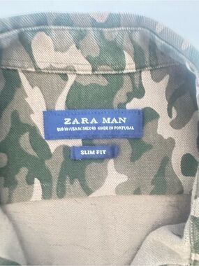 Zara Man Slim Fit Green Camouflage Dress Shirt